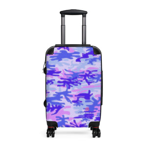 Blue Purple Camo Cabin Suitcase, Camorlauged Army Military Print Carry On Polycarbonate Front and Hard-Shell Durable Small 1-Size Carry-on Luggage With 2 Inner Pockets & Built in Lock With 4 Wheel 360° Swivel and Adjustable Telescopic Handle - Made in USA/UK (Size: 13.3" x 22.4" x 9.05", Weight: 7.5 lb) Unique Cute Carry-On Best Personal Travel Bag Custom Luggage - Gift For Him or Her 