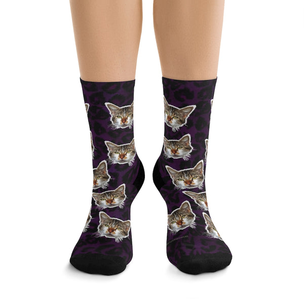 Purple Leopard Cat Print Socks, Animal Print Calico Cat 1-Size Knit Socks- Made in USA-Socks-One size-Heidi Kimura Art LLC