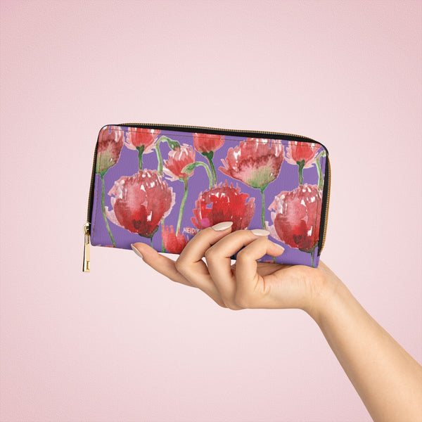 Purple Red Tulips Zipper Wallet, Colorful Red Tulips Flower Print Best Long Compact Cruelty Free Faux Leather High Quality Cardholders Wallet For Women, One Size 7.9"x4.3"x.98"
