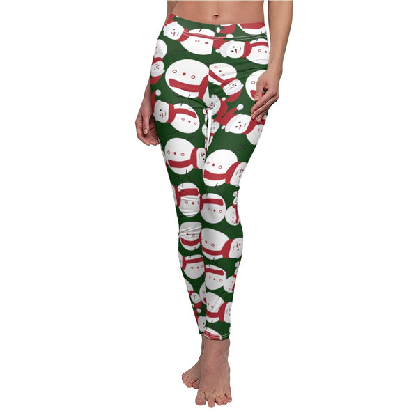Dark Green Red Fluffy Happy Cute Snowman Women's Christmas Casual Leggings-Casual Leggings-Heidi Kimura Art LLC