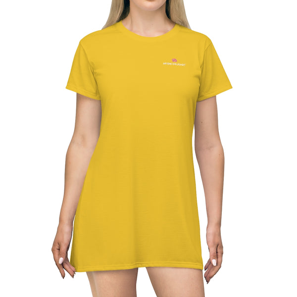 Solid Yellow T-Shirt Dress, Solid Yellow Color Oversized Best Modern Minimalist Print Crewneck Women's Long T-Shirt Dress For Women - Made in USA (US Size: XS-2XL)