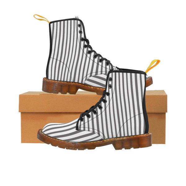 Grey Striped Print Men's Boots, White Stripes Best Hiking Winter Boots Laced Up Shoes For Men-Shoes-Printify-Brown-US 8-Heidi Kimura Art LLC
