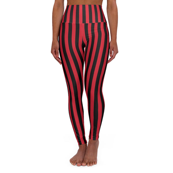 Red Black Striped Tights, High Waisted Vertical Stripes Yoga Leggings Long Women Yoga Tights-All Over Prints-Printify-Heidi Kimura Art LLC