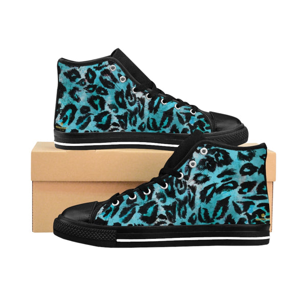 Ocean Blue Leopard Animal Print Premium Men's High-top Fashion Sneakers Shoes-Men's High Top Sneakers-Heidi Kimura Art LLC