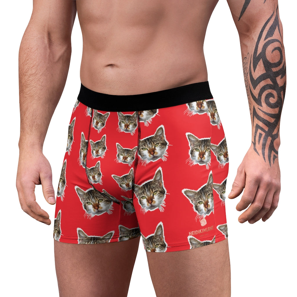 Red Cat Print Men's Underwear, Cute Cat Boxer Briefs For Men, Sexy Hot Men's Boxer Briefs Hipster Lightweight 2-sided Soft Fleece Lined Fit Underwear - (US Size: XS-3XL) Cat Boxers For Men/ Guys, Men's Boxer Briefs Cute Cat Print Underwear