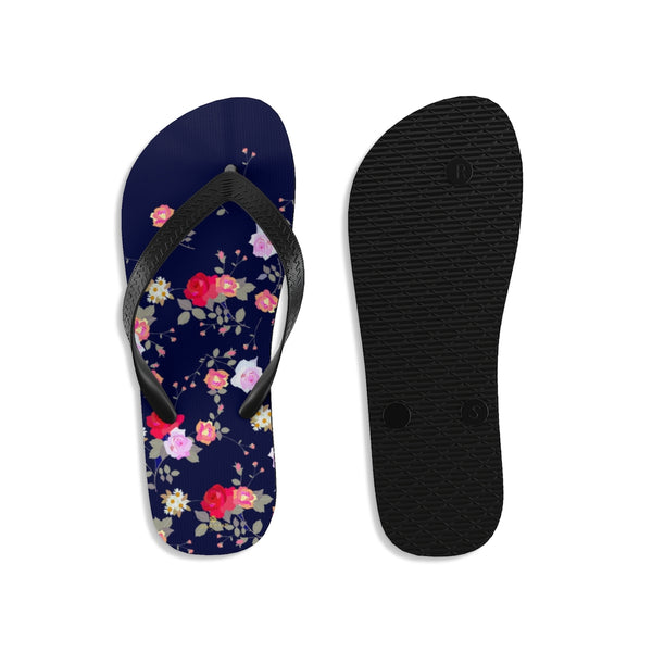 Navy Blue Floral Rose Print Unisex Flip-Flops Beach Pool Cute Sandals- Made in USA-Flip-Flops-Heidi Kimura Art LLC