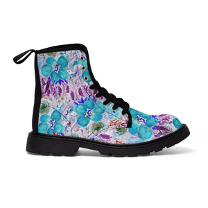 Purple Floral Print Men's Boots, Best Hiking Winter Boots Laced Up Shoes For Men-Shoes-Printify-Black-US 9-Heidi Kimura Art LLC