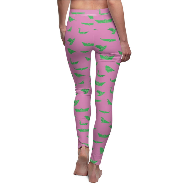 Green Pink Japanese Crane Origami Print Women's Dressy Casual Leggings-Made in USA-Casual Leggings-Heidi Kimura Art LLC