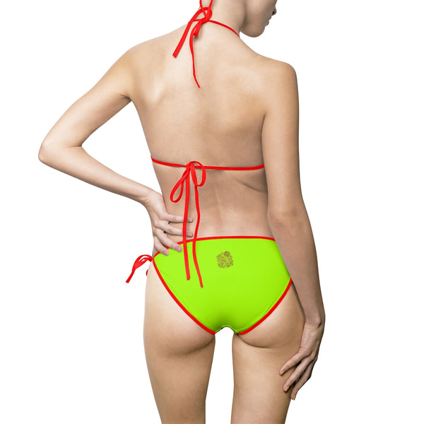 Bright Neon Green Solid Color Print Women's 2-pc Bikini Top Bottom Set (US Size: S-5XL)-Bikini-Heidi Kimura Art LLC