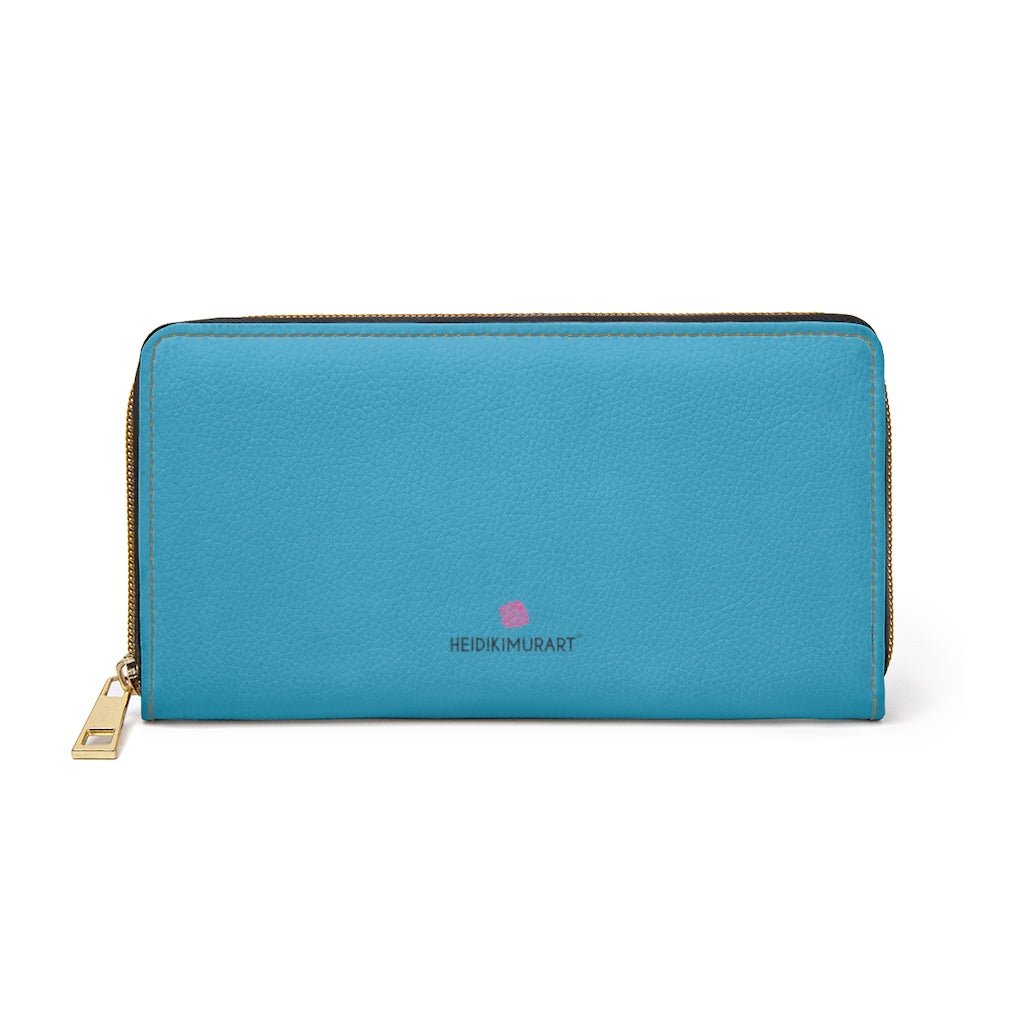Sky Blue Color Zipper Wallet, Solid Blue Color Best 7.87" x 4.33" Luxury Cruelty-Free Faux Leather Women's Wallet & Purses Compact High Quality Nylon Zip & Metal Hardware, Luxury Long Wallet With Cardholders For Modern Women