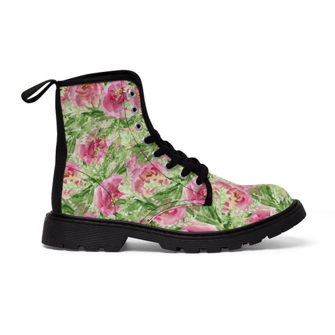Pink French Rose Floral Print Designer Women's Winter Lace-up Toe Cap Boots-Women's Boots-Heidi Kimura Art LLC Pink French Rose Women's Boots, Pink French Rose Floral Print Designer  Women's Winter Lace-up Toe Cap Boots Shoes (US Size 6.5-11)