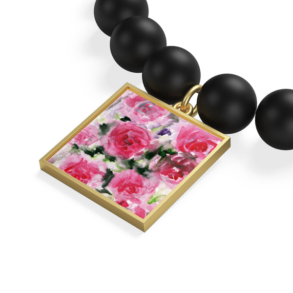 Pink Floral Rose Print Women's Elastic Silver/Gold Plated Matte Onyx Bracelet-Made in USA-Bracelet-Heidi Kimura Art LLC