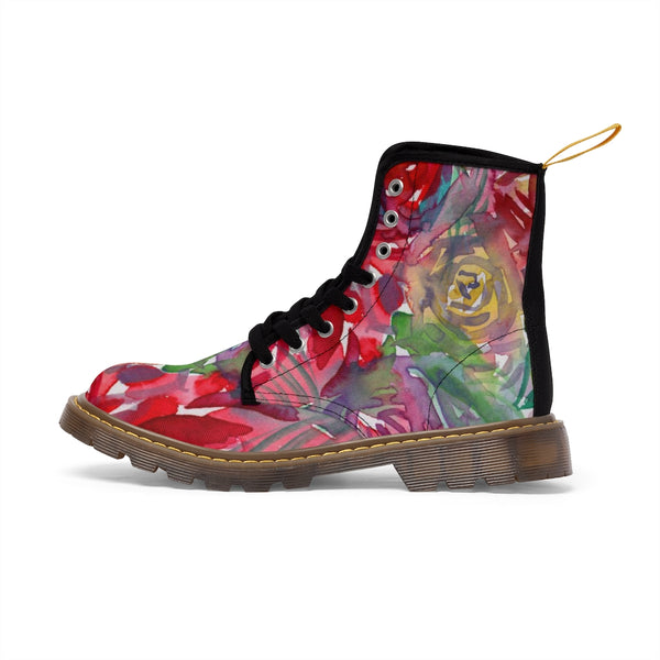 Red Floral Print Women's Boots, Watercolor Flower Printed Hiking Combat Boots For Ladies