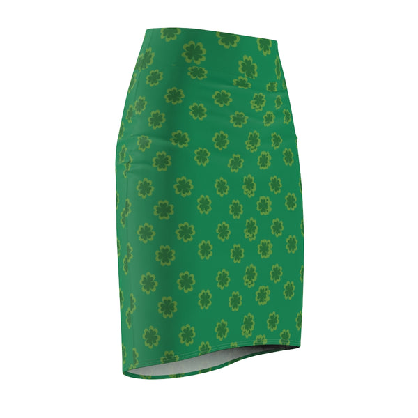 Lucky Irish Dark Green Clover Leaf Print St. Patrick's Day Women's Pencil Skirt- Made in USA-Pencil Skirt-Heidi Kimura Art LLC