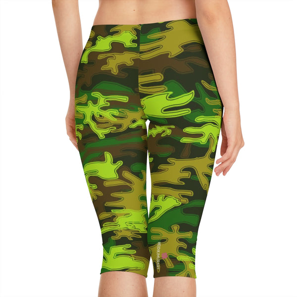 Green Camo Women's Capri Leggings, Knee-Length Polyester Capris Tights-Made in USA (US Size: XS-2XL)