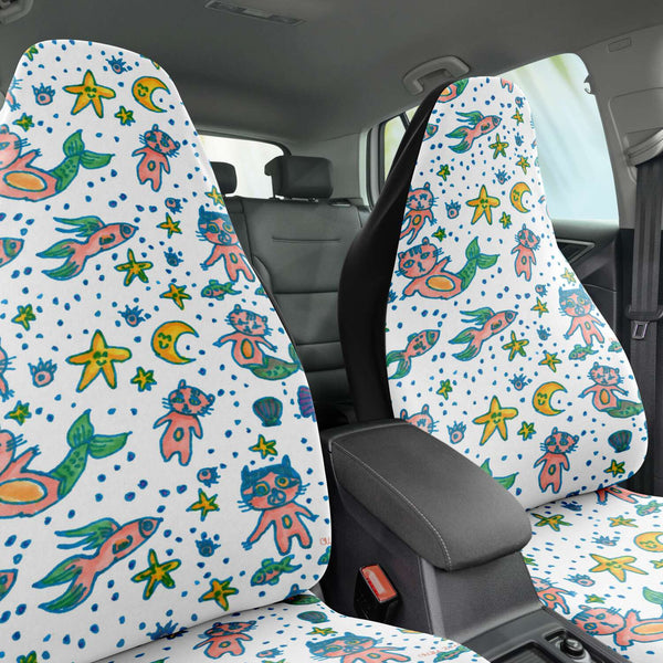 Cat Mermaid Car Seat Covers, White Washable Cute Best Designer Essential Premium Quality Best Machine Washable Microfiber Luxury Car Seat Cover For Cat Lovers- 2 Pack For Your Car Seat Protection, Car Seat Protectors, Car Seat Accessories, Pair of 2 Front Seat Covers, Custom Seat Covers