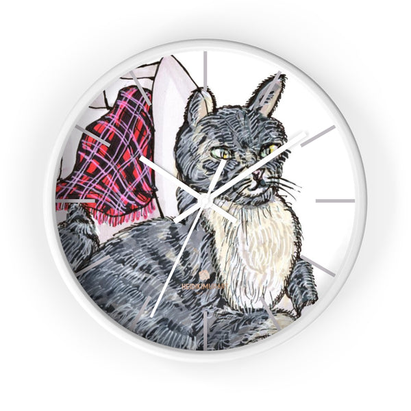 Gray Cat Print Wall Clock, Cute Animal Art Print 10 in. Dia. Indoor Wall Clock- Made in USA-Wall Clock-10 in-White-White-Heidi Kimura Art LLC