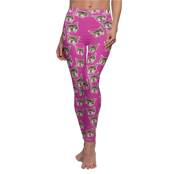 Hot Pink Peanut Meow Cat Cute Calico Print Women's Fancy Casual Leggings- Made in USA-All Over Prints-White Seams-M-Heidi Kimura Art LLC