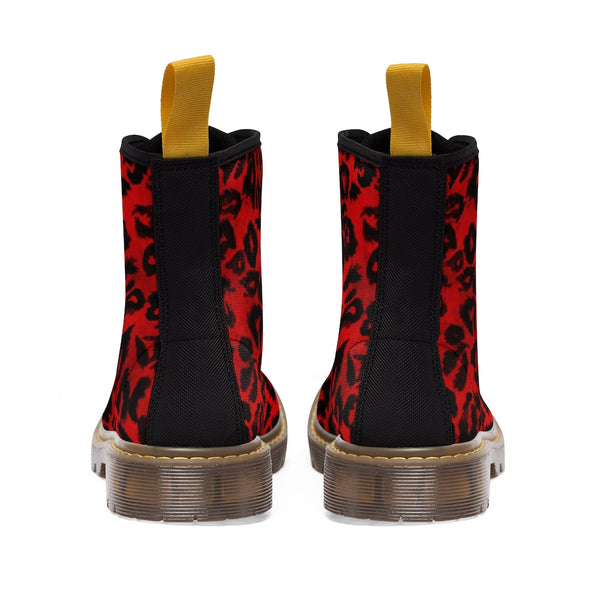Red Leopard Print Men Hiker Boots, Designer Men's Laced Up Best Animal Print Canvas Boots