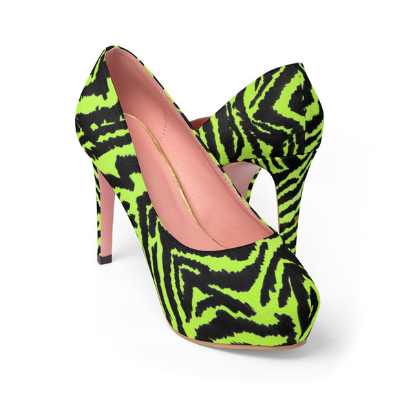 Light Green Zebra Black Stripe Animal Print Women's Platform Heels (US Size: 5-11)-4 inch Heels-Heidi Kimura Art LLC