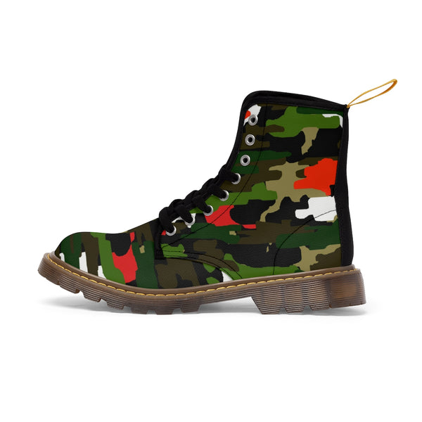 Green Red Camouflage Military Army Print Men's Canvas Winter Laced Up Boots-Men's Boots-Heidi Kimura Art LLC