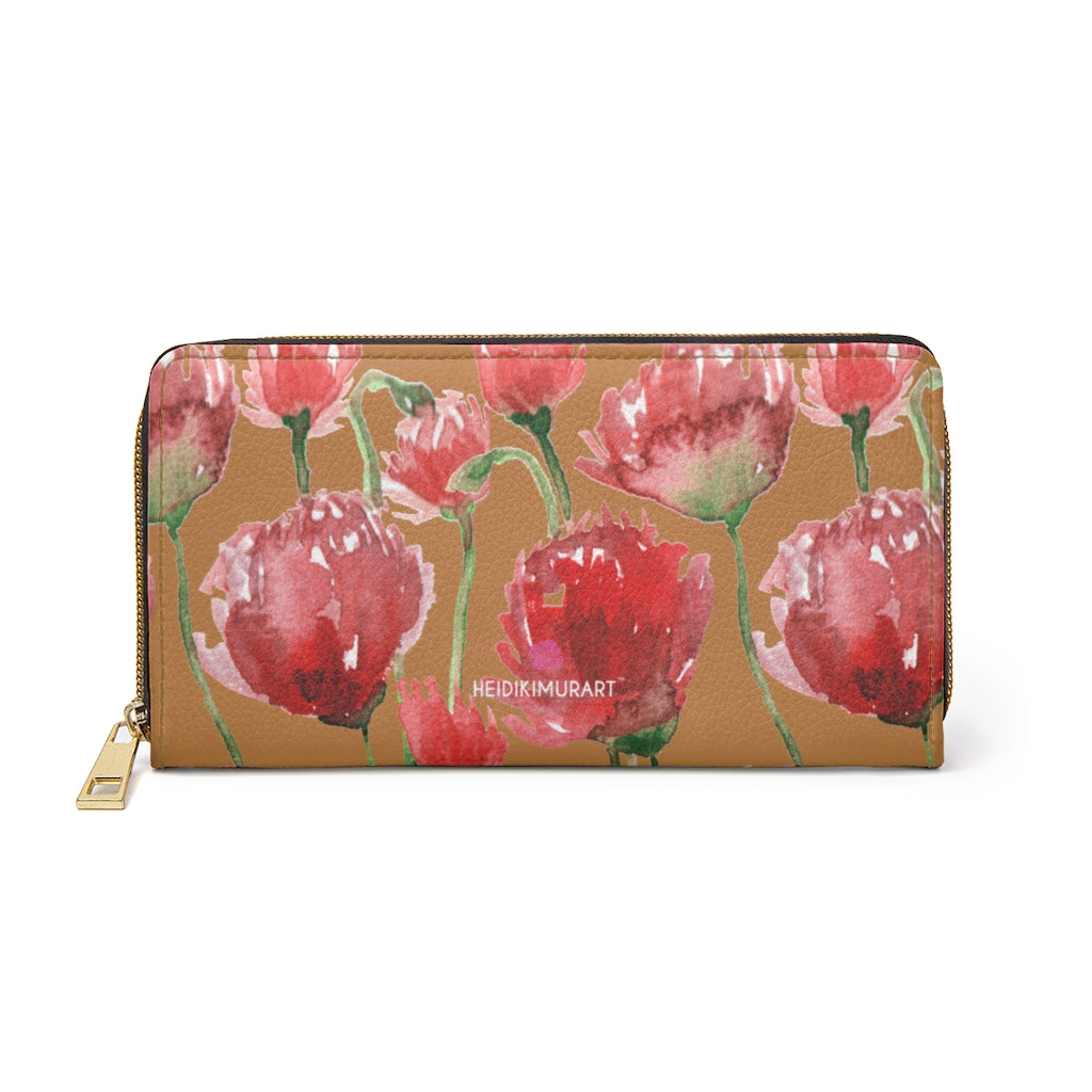 Beige Red Tulips Zipper Wallet, Red Tulips Flower Print Best Long Compact Cruelty Free Faux Leather High Quality Cardholders Wallet For Women, One Size 7.9"x4.3"x.98"