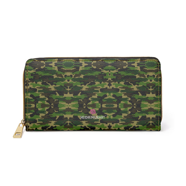 Green Camo Zipper Wallet, Camouflage Army Military Print Best 7.87" x 4.33" Luxury Cruelty-Free Faux Leather Women's Wallet & Purses Compact High Quality Nylon Zip & Metal Hardware, Luxury Long Wallet Card Cases For Women