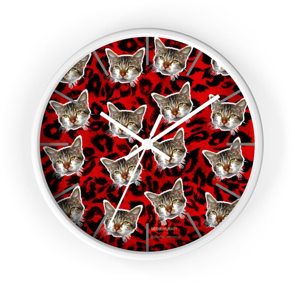 Red Leopard Cat Wall Clock, Peanut Meow Cat Print 10" Dia. Large Clocks- Made in USA-Wall Clock-10 in-White-White-Heidi Kimura Art LLC