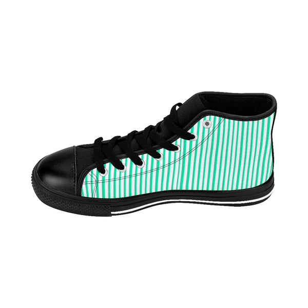 Turquoise Striped Men's Tennis Shoes,High-top Sneakers, Blue Stripes Running Shoes-Shoes-Printify-Black-US 9-Heidi Kimura Art LLC Blue Striped Men's High-top Sneakers, Turquoise Blue White Modern Stripes Men's High Tops, High Top Striped Sneakers, Striped Casual Men's High Top For Sale, Fashionable Designer Men's Fashion High Top Sneakers, Tennis Running Shoes (US Size: 6-14)