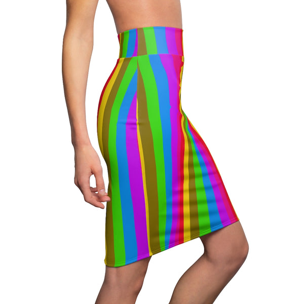 Colourful Rainbow Women's Pencil Skirt, Bright Cute Gay Pride Skirt Designer Women's Office Pencil Skirt, Best Gay Pride Skirt For Gay Pride Parades and Festivials - Made in USA (US Size: XS-2XL)