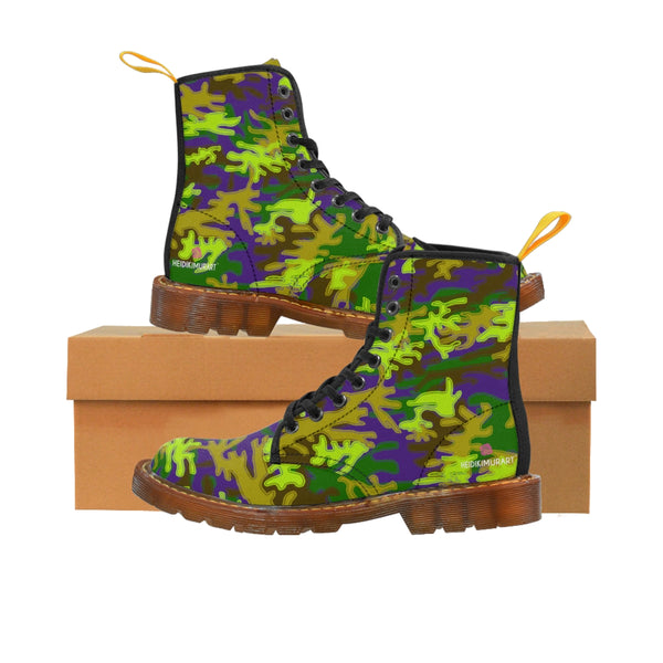 Purple Green Camo Women's Boots, Army Military Print Best Winter Laced Up Canvas Boots For Women (US Size 6.5-11)