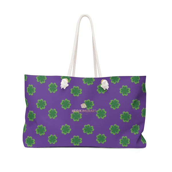Purple Green Clover Print St. Patrick's Day Designer Large Weekender Tote Bag- Printed in USA-Weekender Bag-24x13-Heidi Kimura Art LLC