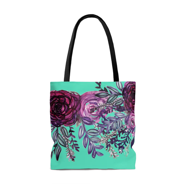 Turquoise Blue Rose Flower Floral Print Designer Women's Tote Bag - Made in USA-Bags-Heidi Kimura Art LLC