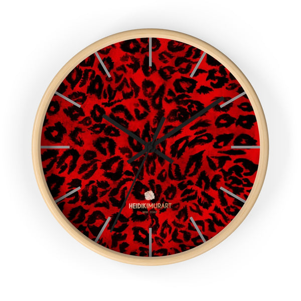 Red Leopard Animal Print 10" Diameter Large Wall Clock- Made in USA-Wall Clock-10 in-Wooden-Black-Heidi Kimura Art LLC