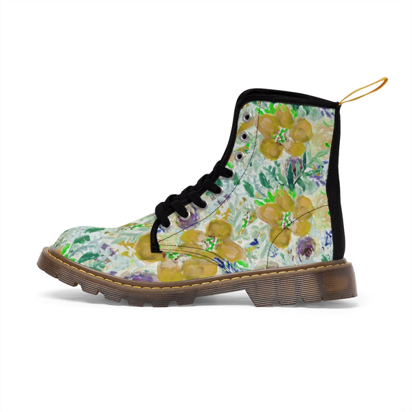 Yellow Floral Women's Canvas Boots-Shoes-Printify-Heidi Kimura Art LLC Yellow Floral Women's Canvas Boots, Flower Print Vintage Style Modern Essential Casual Fashion Hiking Boots, Canvas Hiker's Shoes For Mountain Lovers, Stylish Premium Combat Boots, Designer Women's Winter Lace-up Toe Cap Hiking Boots Shoes For Women (US Size 6.5-11)