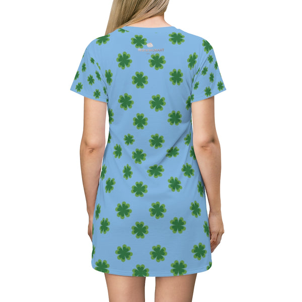 Light Blue Green Clover Print St. Patrick's Day Women's Long T-Shirt Dress- Made in USA-T-Shirt Dress-L-Heidi Kimura Art LLC