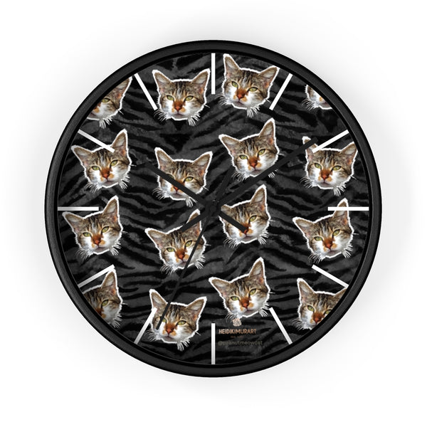 Black Tiger Stripe Cat Print Clock, Large 10" Dia. Indoor Calico Cat Wall Clocks- Made in USA-Wall Clock-10 in-Black-Black-Heidi Kimura Art LLC