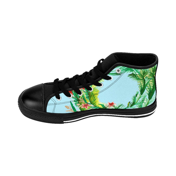 Light Blue Red Floral Print Designer Men's High-top Sneakers Running Tennis Shoes-Men's High Top Sneakers-Heidi Kimura Art LLC