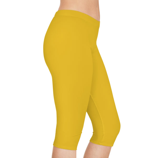Yellow Color Women's Capri Leggings, Knee-Length Polyester Capris Tights-Made in USA (US Size: XS-2XL)