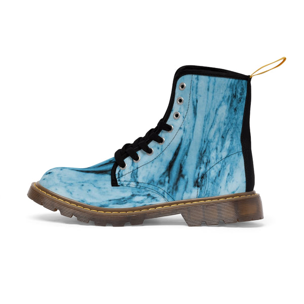Blue Marbled Women's Canvas Boots, Best Marble Print Women's Boots, Combat Boots, Designer Women's Winter Lace-up Toe Cap Hiking Boots Shoes For Women (US Size 6.5-11) Marble Canvas Shoes, Blue White Marble Print Winter Boots, Marbled Boots For Ladies 