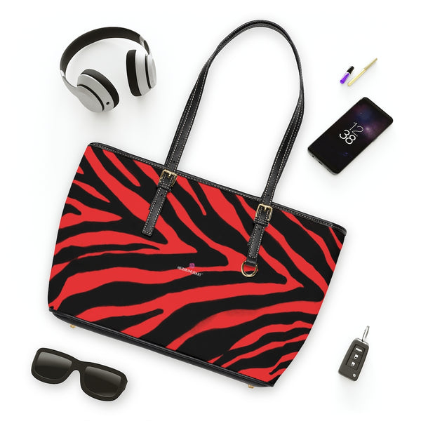 Red Zebra Tote Bag, Zebra Striped Red and Black Animal Print PU Leather Shoulder Large Spacious Durable Hand Work Bag 17"x11"/ 16"x10" With Gold-Color Zippers & Buckles & Mobile Phone Slots & Inner Pockets, All Day Large Tote Luxury Best Sleek and Sophisticated Cute Work Shoulder Bag For Women With Outside And Inner Zippers