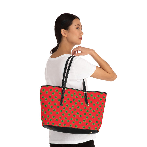 Red Green Clover Tote Bag, PU Leather Shoulder Hand Work Bag