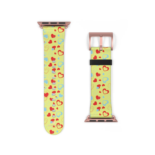 Light Yellow Red Hearts Shaped Valentines Day Print Premium 38mm/42mm Watch Band- Made in USA-Watch Band-38 mm-Rose Gold Matte-Heidi Kimura Art LLC