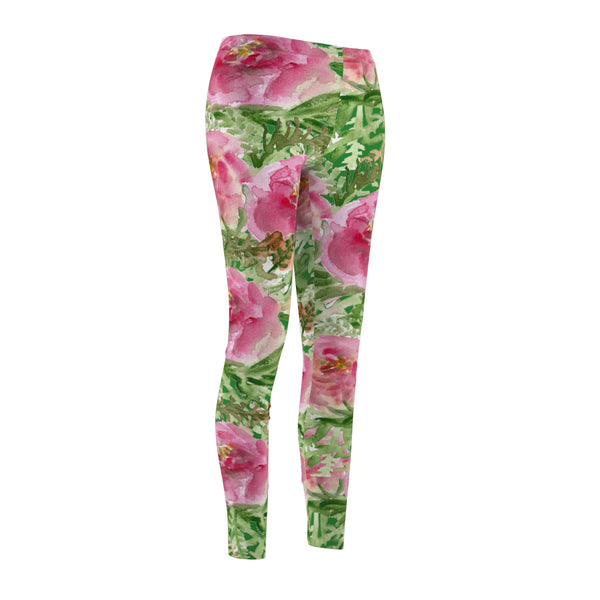Evergreen Garden Pink Rose Floral Print Women's Tights Leggings - Made in USA-Casual Leggings-Heidi Kimura Art LLC