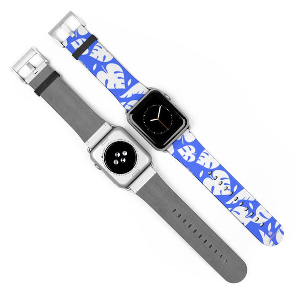 Blue White Tropical Leaf Print 38mm/42mm Watch Band For Apple Watch- Made in USA-Watch Band-Heidi Kimura Art LLC