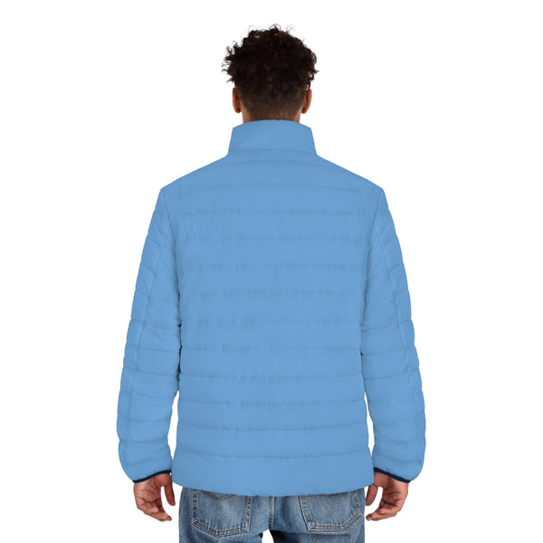 Pastel Blue Color Men's Jacket, Best Regular Fit Polyester Men's Puffer Jacket With Stand Up Collar (US Size: S-2XL)