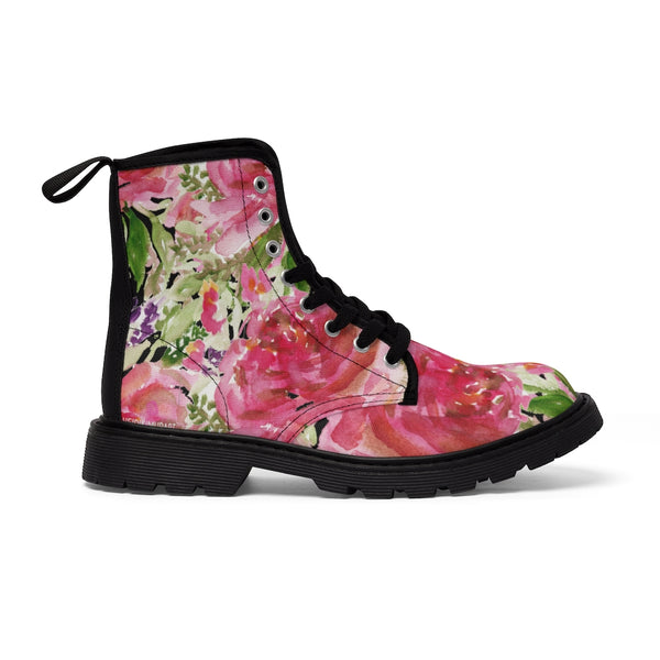 Pink Floral Women's Canvas Boots, Rose Print Designer Hiking Laced Up Best Winter Boots For Women (US Size: 6.5-11)