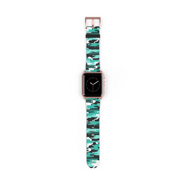 Blue Camo Army Military Print 38mm/42mm Watch Band For Apple Watch- Made in USA-Watch Band-38 mm-Rose Gold Matte-Heidi Kimura Art LLC Blue Camo Apple Watch Band, Blue Camo Camouflage Army Military Print  Pattern 38 mm or 42 mm Premium Best Printed Designer Top Quality Faux Leather Comfortable Elegant Fashionable Smart Watch Band Strap, Suitable for Apple Watch Series 1, 2, 3, 4 and 5 Smart Electronic Devices - Made in USA