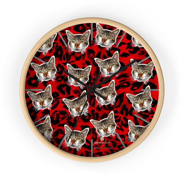 Red Leopard Cat Wall Clock, Peanut Meow Cat Print 10" Dia. Large Clocks- Made in USA-Wall Clock-10 in-Wooden-Black-Heidi Kimura Art LLC
