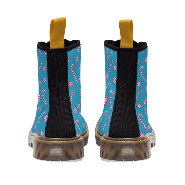 Turquoise Christmas Women's Canvas Boots, Red Candy Cane Print Winter Boots For Women